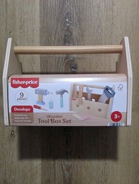 Fisher-Price Wooden Tool Box with Toy Drill, 9 Wood Pieces for Preschool Pretend